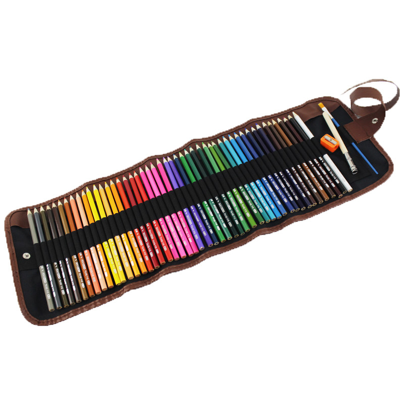 彩色铅笔水溶性72色学生手绘画笔8色美术用品3色笔帘装彩铅笔