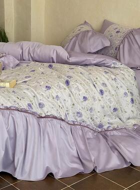 法式复古超柔澳棉四件套纯棉花卉全棉花边被套床单床上用品紫色