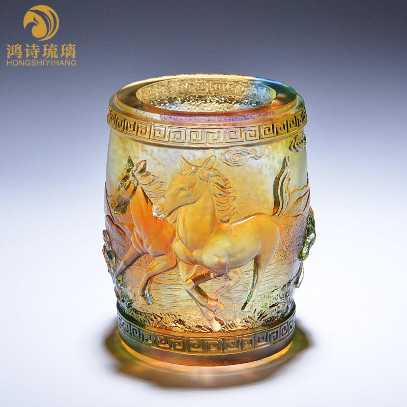 复古中式中国风马到成功琉璃工艺品笔筒创意时尚办公室老板桌摆件