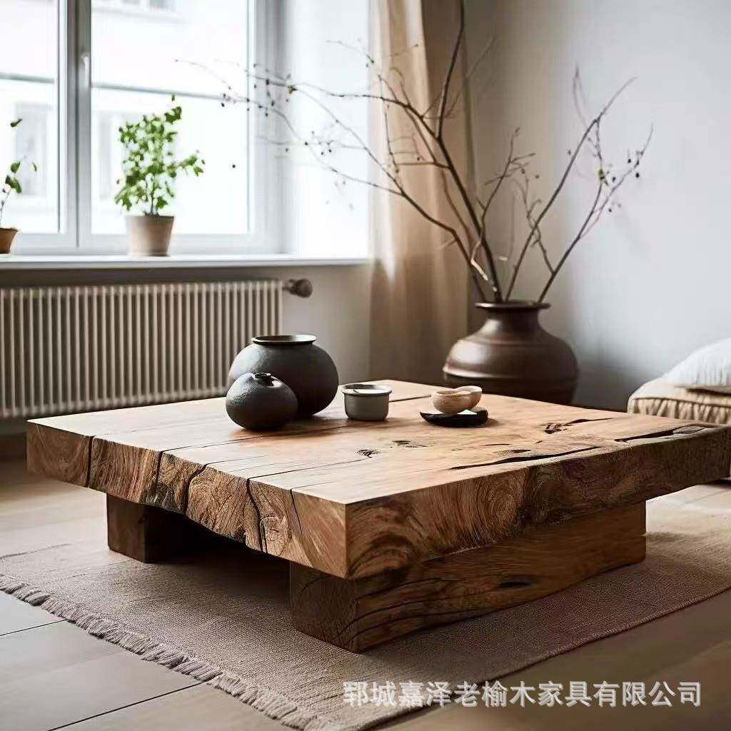 复古老榆木茶几客厅小户型矮桌榆木家具干泡茶台风化实木茶几桌