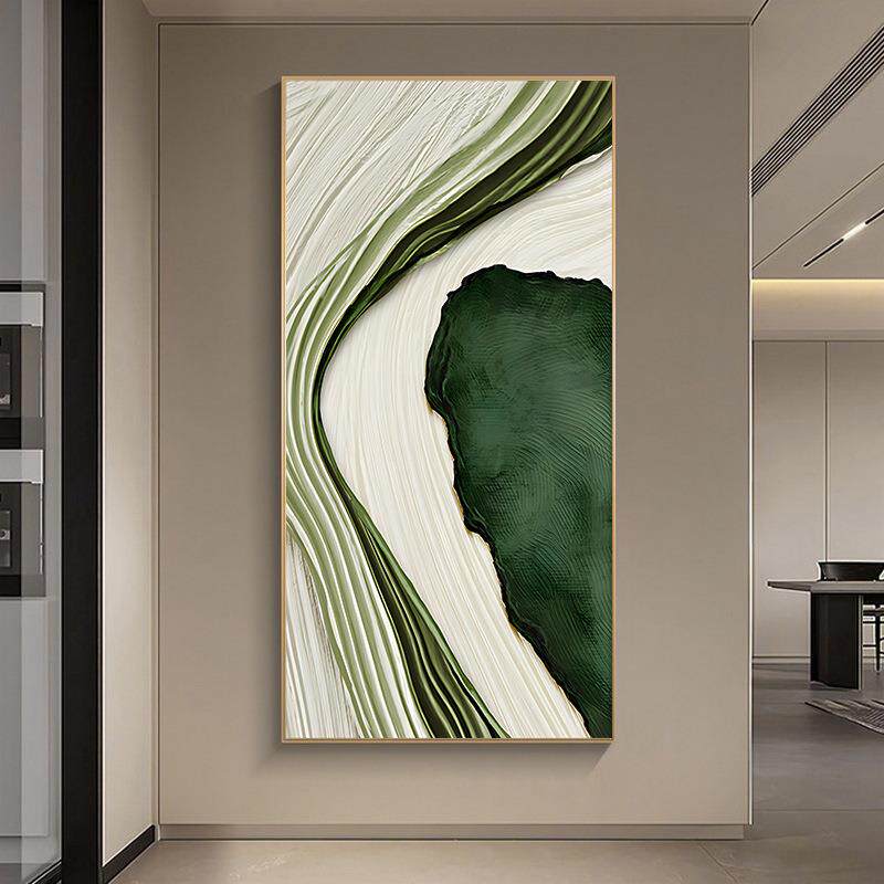 绿色极简玄关装饰画轻奢走廊手绘油画过道尽头进门挂画砂岩肌理画