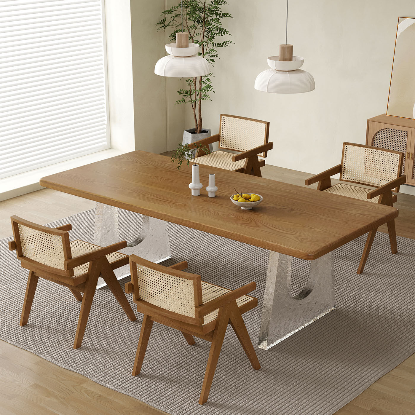 侘寂风白蜡木餐桌椅子家用实木泡茶桌亚克力悬浮书桌设计师工作台