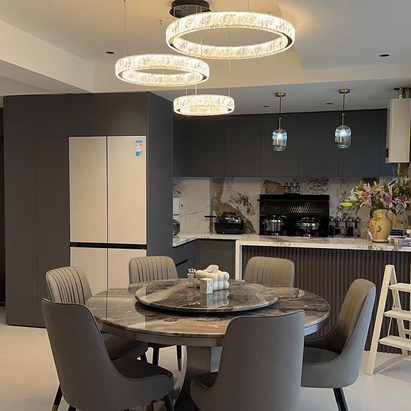 大理石餐桌圆形带转盘高端意式现代简约天然奢石威尼斯棕圆桌