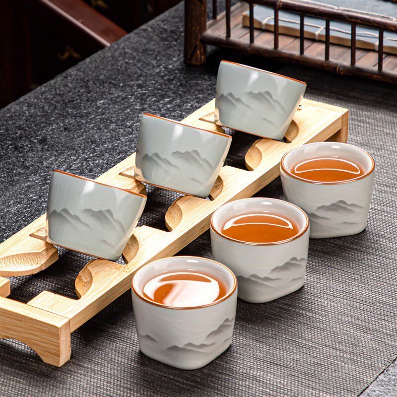岚宫窑 远山大号汝窑茶杯6祇装陶瓷主人杯功夫茶具杯子冰裂纹茶碗
