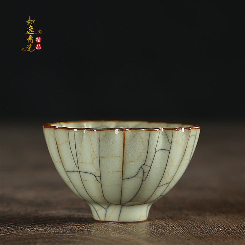 传世哥窑王文全手工杯青瓷品茗杯龙泉功夫茶杯陶瓷仿古官窑菊瓣杯
