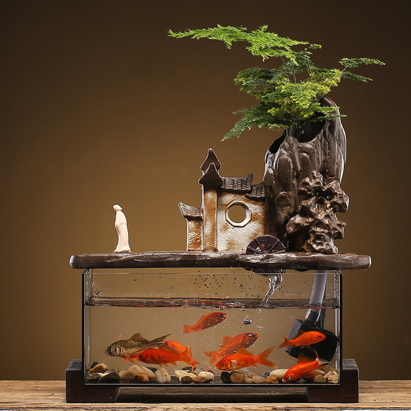 流水鱼缸摆件绿植景观造景水循环家居客厅玄关茶桌桌面装饰品礼品