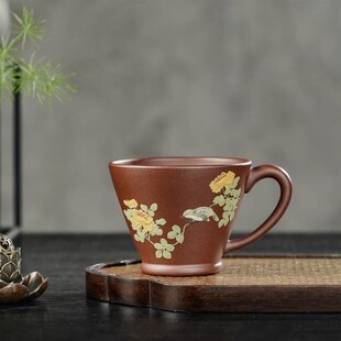 宜兴原矿紫砂主人杯手工品茗茶杯带侧把茶杯 泥绘蔷薇花主人杯