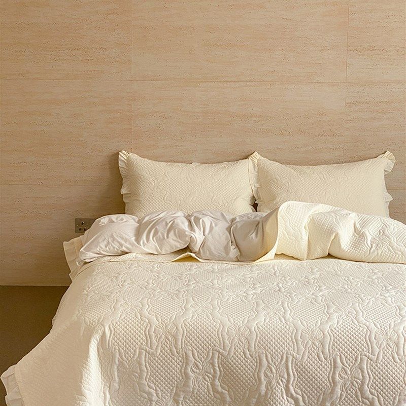 法式花卉全棉床盖三件套绗缝四季款纯色花边加厚大床单防滑白粉色