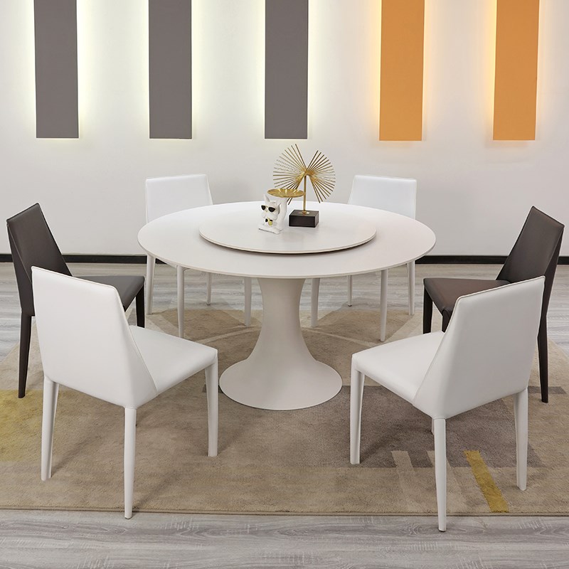 奶油风岩板圆餐桌椅家用多功能现代简约小户型带转盘吃饭桌子