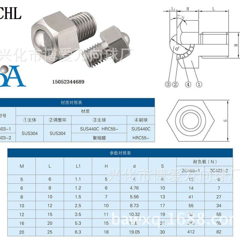 六角螺杆BCHL5  8 10  1 20万向球 万向滚珠 牛眼轴承 钢球轮