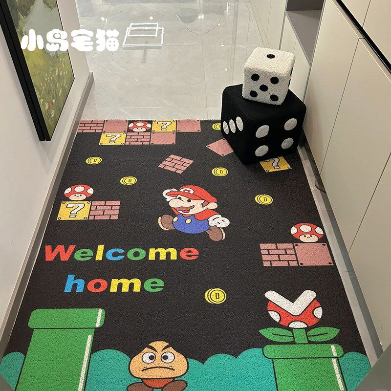 2024新年红色马里奥入户进门口地垫可裁剪丝圈脚防滑耐脏家用玄关