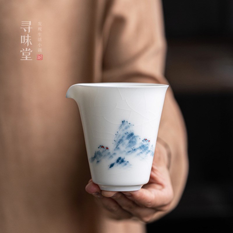 白玉汝窑手绘公道杯高档分茶杯家用茶海中式开片陶瓷功夫茶具