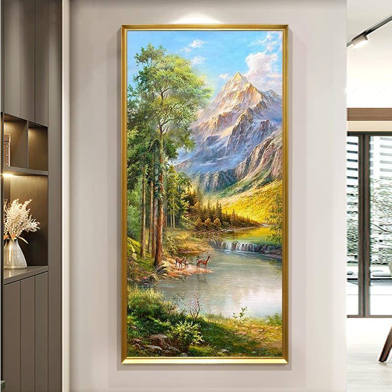 手绘油画风景山水聚宝盆入户玄关装饰画走廊过道挂画竖版壁画