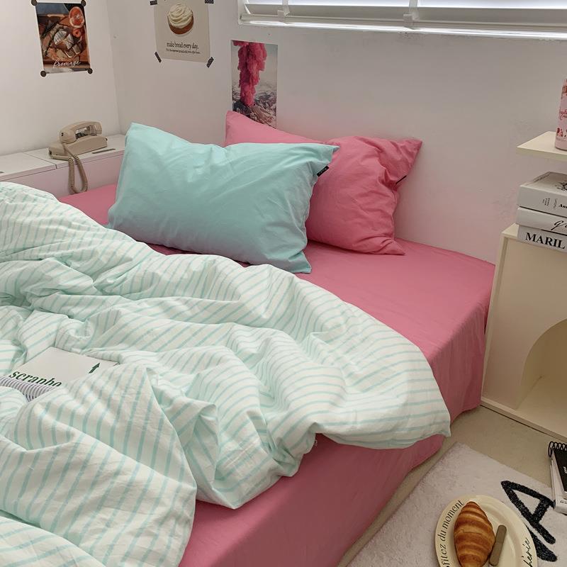 简约条纹四件套全棉纯棉色织水洗棉床单笠被套学生宿舍床上三件套