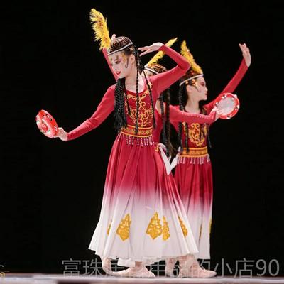高档石榴红了演出服童儿民新疆舞鼓表演服维吾尔族舞蹈服铃道具少