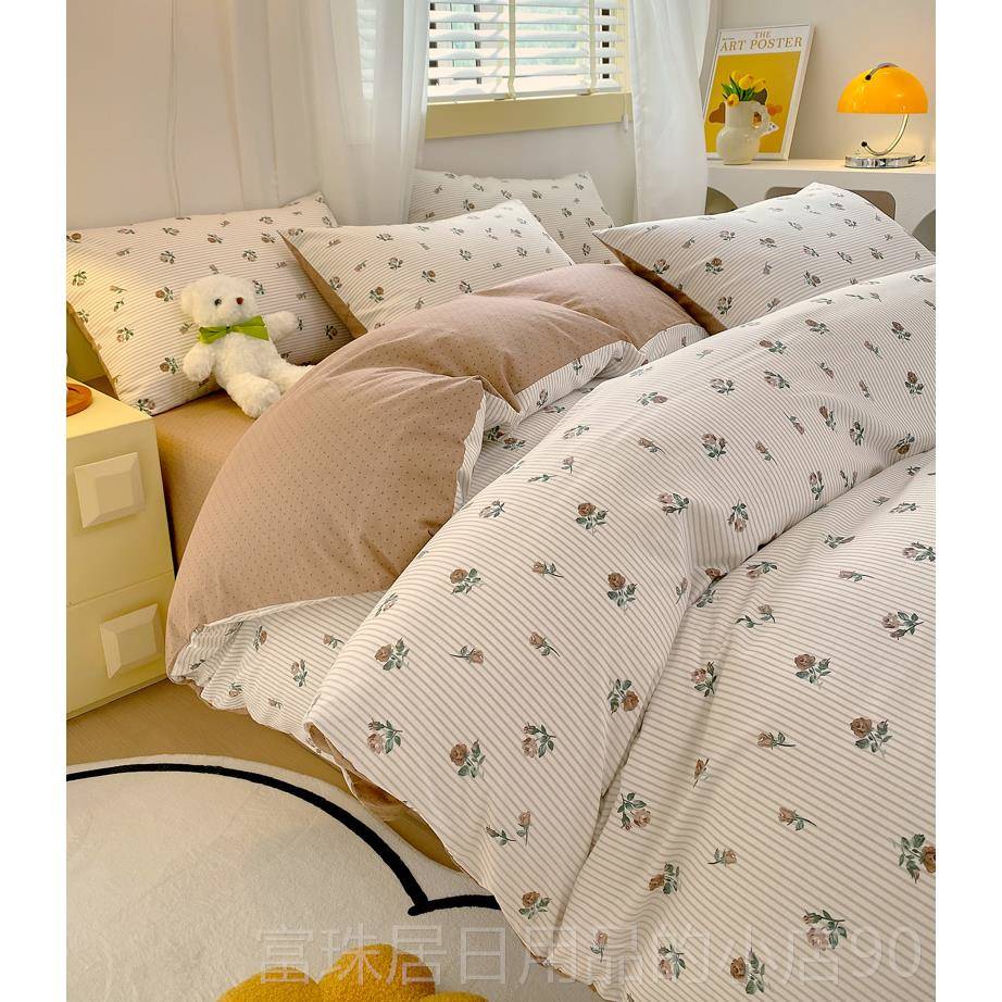 高档ins用风卡通纯棉床上品四件套100全棉夏季床单被床罩笠被三件