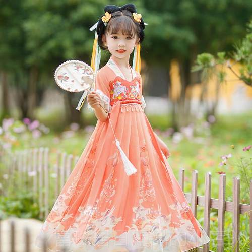 高档女童汉服春童款短袖连古衣裙2025新款风儿演出高级超仙公主襦