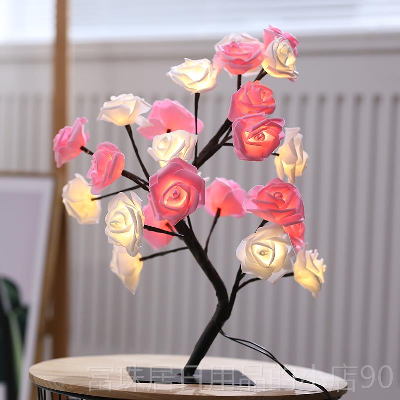 高档ED小夜L灯卧室间装饰房串布置彩灯闪灯灯USB氛围灯台灯玫瑰花