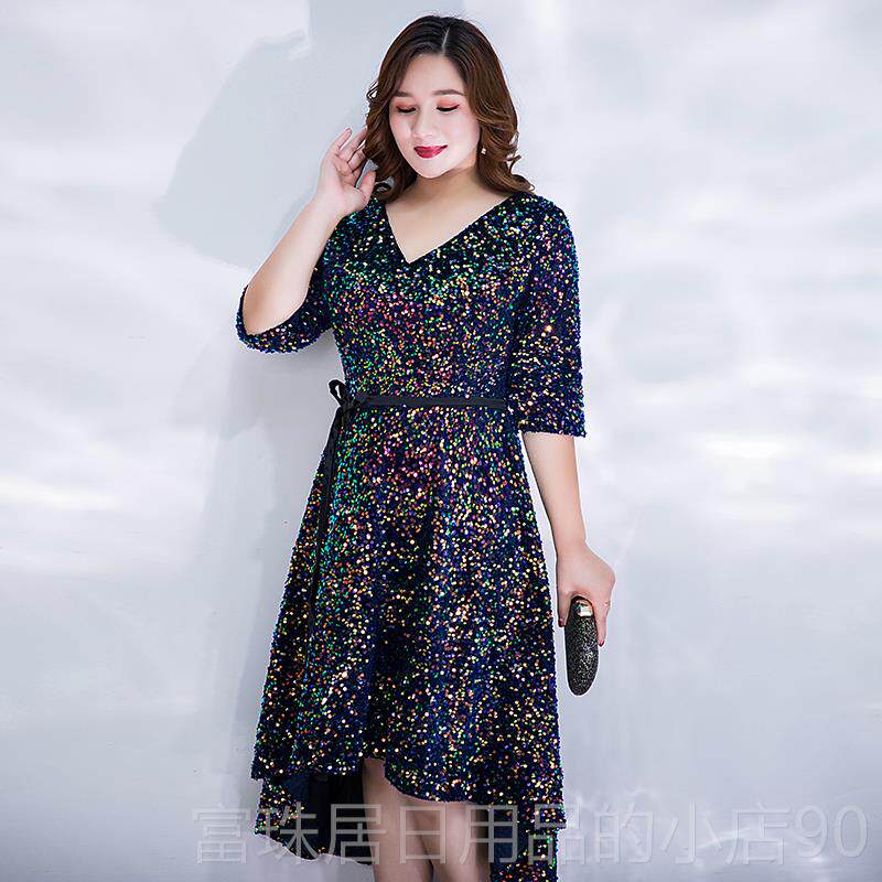 高档码胖m晚礼会服气质大高端V领显瘦200斤宴m年会主持司仪连衣裙