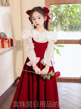高档女童晚礼服高端红色花小女孩公童主裙演丝绒春持夏儿童主钢琴