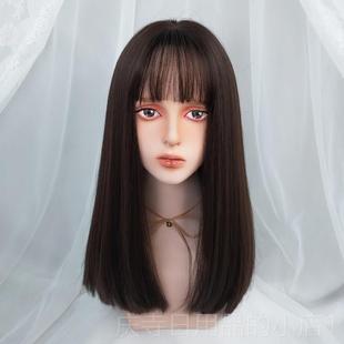 高档一刀切假发女锁骨发长发漫画中刘海网黑红色JK直长自然全头套
