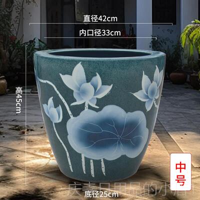 高档景德镇瓷缸大号养荷花陶睡莲盆乌龟水鱼缸庭院客厅书房摆件画