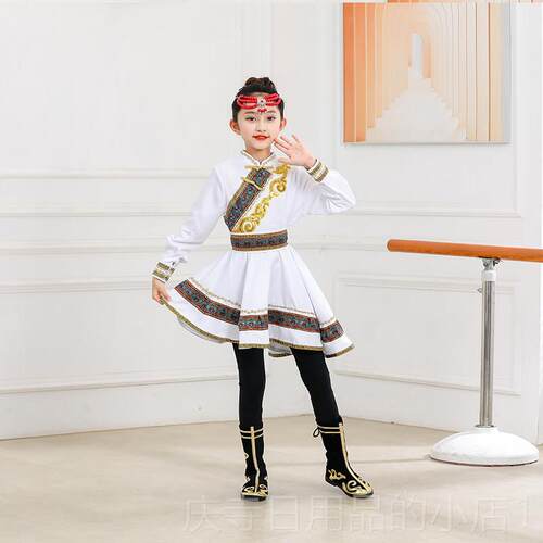 高档新款儿童表演白马出演服蒙古女装舞蹈童少数民族服蒙古族筷子