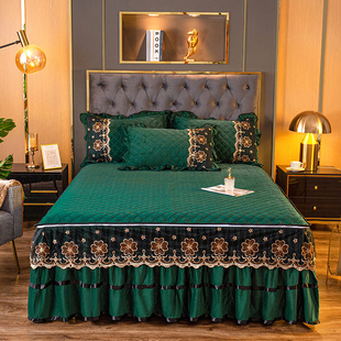 欧式 单件防滑加厚夹棉床罩 可拆卸水晶绒床裙三件套1.8m米拉链款
