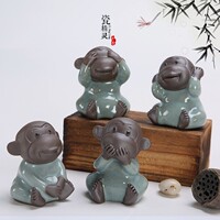 瓷精灵龙泉青瓷四不猴子茶宠茶具配件不看不听不说不思三不猴摆件