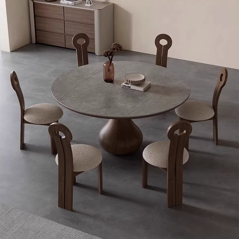 可伸缩两用圆形实木岩板餐桌椅现代简约小户型家用白蜡木饭桌