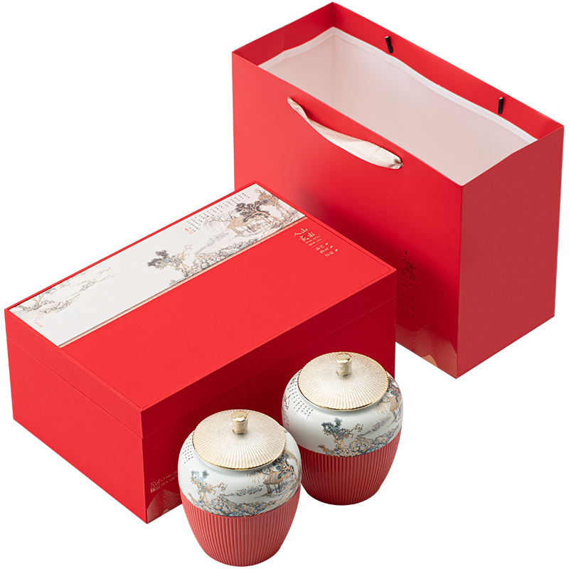 高档山水画茶叶包装盒空礼盒红茶绿茶白茶半斤装陶瓷密封罐通用
