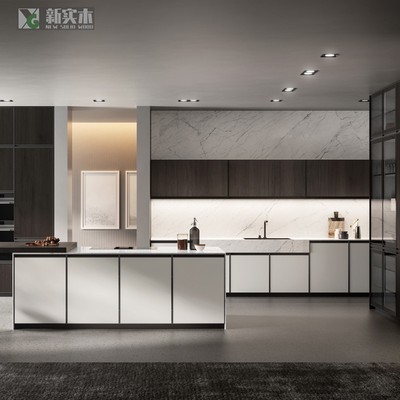 YG新实木整体橱柜定做意式风格不锈钢水盆单元格家用组装岩板台面