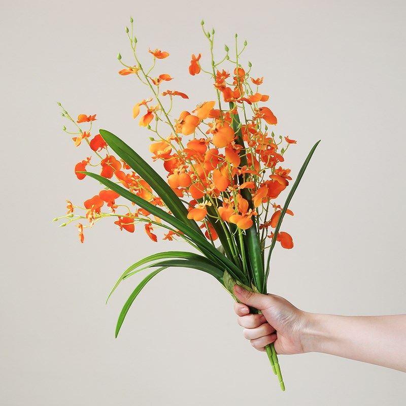 仿真带叶跳舞兰文心兰假花客厅摆件花瓶插花茶几餐桌装饰绢花花卉图片