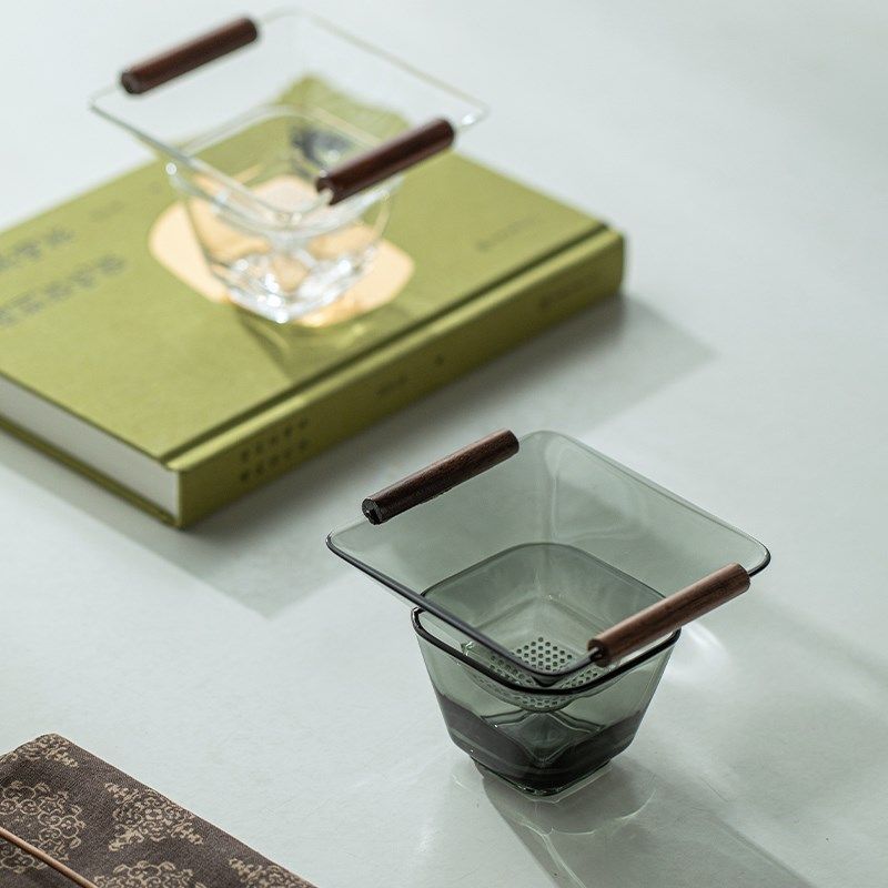 玻璃茶漏茶滤高档胡桃木四方斗笠过滤组泡茶过滤器公道杯茶叶滤网