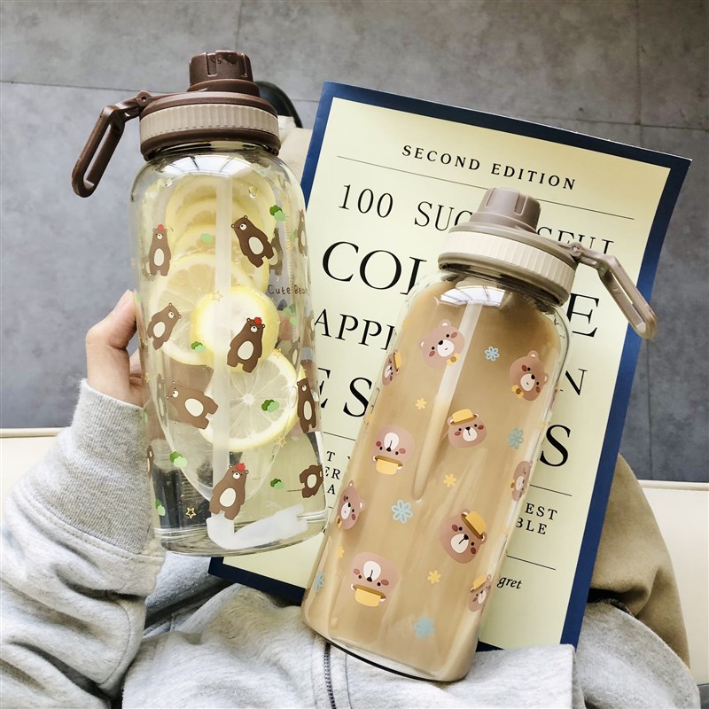 高级感1000ml大容量玻璃水杯子女带吸管带刻度耐热耐高温办公室壶