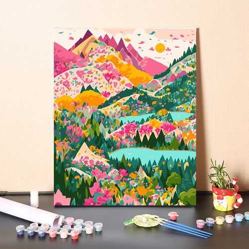 数字油画diy手工填充卡通五彩山丘手绘装饰丙烯减压涂色油彩画画