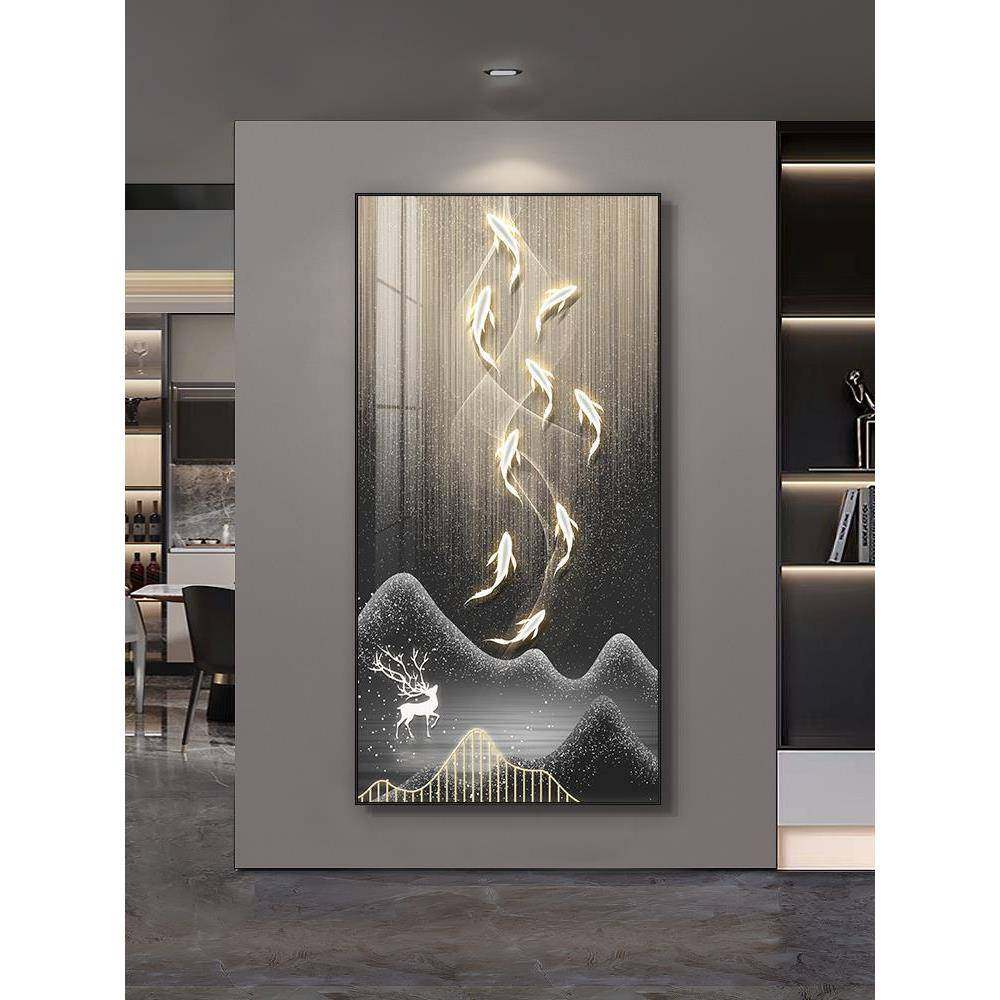 九鱼图玄关装饰画竖版现代简约入户走廊过道挂画寓意好轻奢壁画