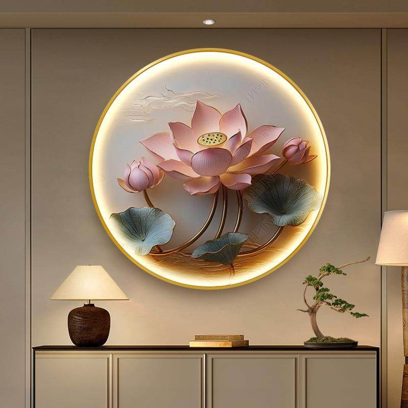 现代轻奢入户玄关装饰画走廊过道尽头挂画茶室布置圆形壁灯画莲花