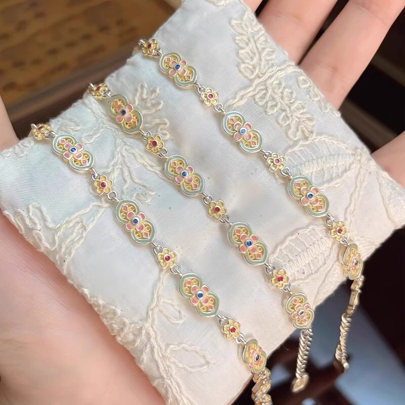 镀银珐琅彩描金花满筑手链新中式