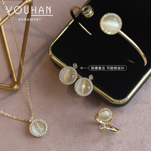 旋转猫眼戒指猫眼手镯猫眼锁骨链微镶锆石圆形可转动项链小众设计