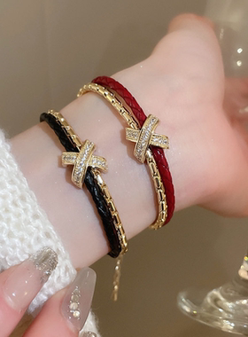 双层皮绳X字母手链时尚冷淡风