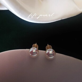 s999足银珍珠耳钉正圆极光人造akoya天女级自然伴彩海水珍珠通体