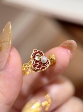 复古红色滴釉龙鳞珍珠葫芦戒指女