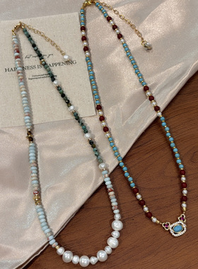 天然绿松石项链珍珠串珠女轻奢