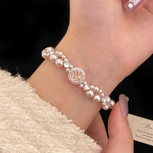 珍珠水钻手链樱花粉色曼塔玫瑰施家法式珍珠多层抽拉手串锆石手饰
