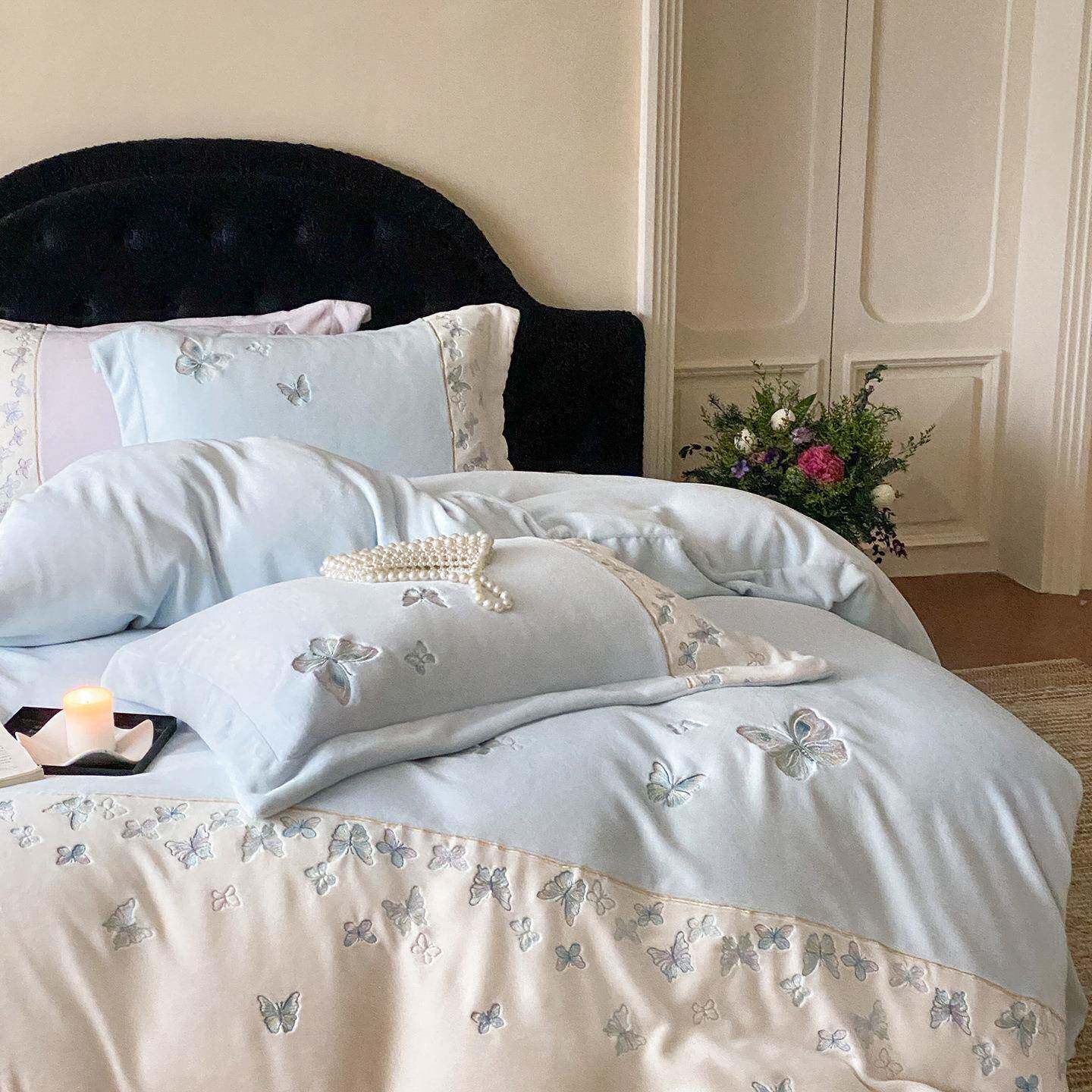 法式加厚230克全消光牛奶四件套冬季保暖刺绣花蝴蝶床单被套床品