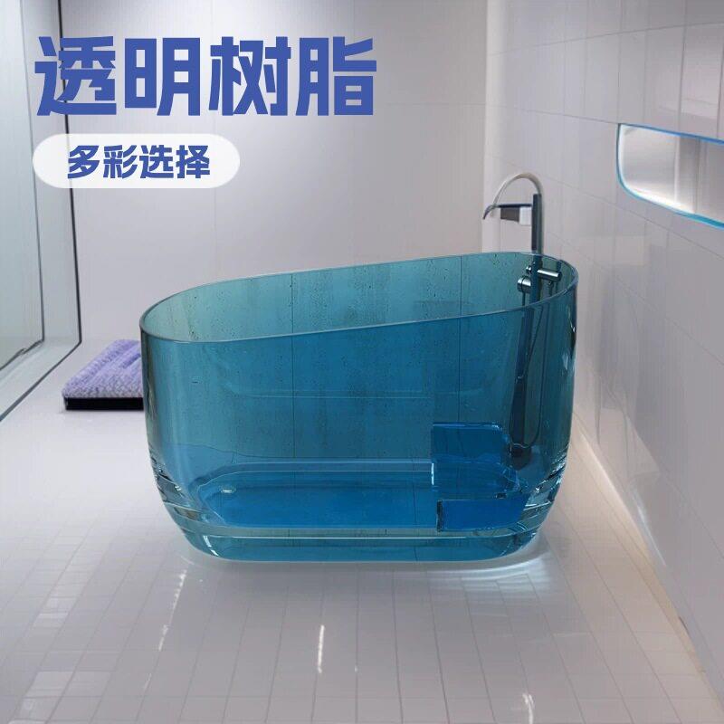 跨境出口透明树脂浴缸家用小户型独立式彩色一体浴盆人造石深泡缸