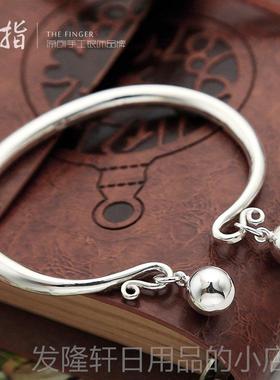 高档银手镯女999足银宫铃铛口光实心纯银饰品开网红面轻年款手环