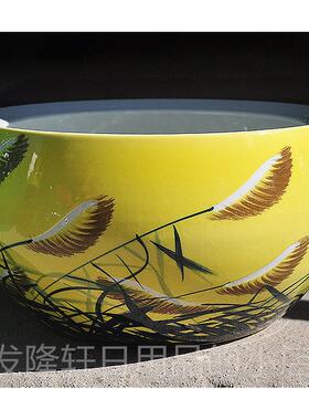 高档景德镇陶瓷绘黄色集鱼，风水手龟财缸聚宝盆家缸居金饰粽