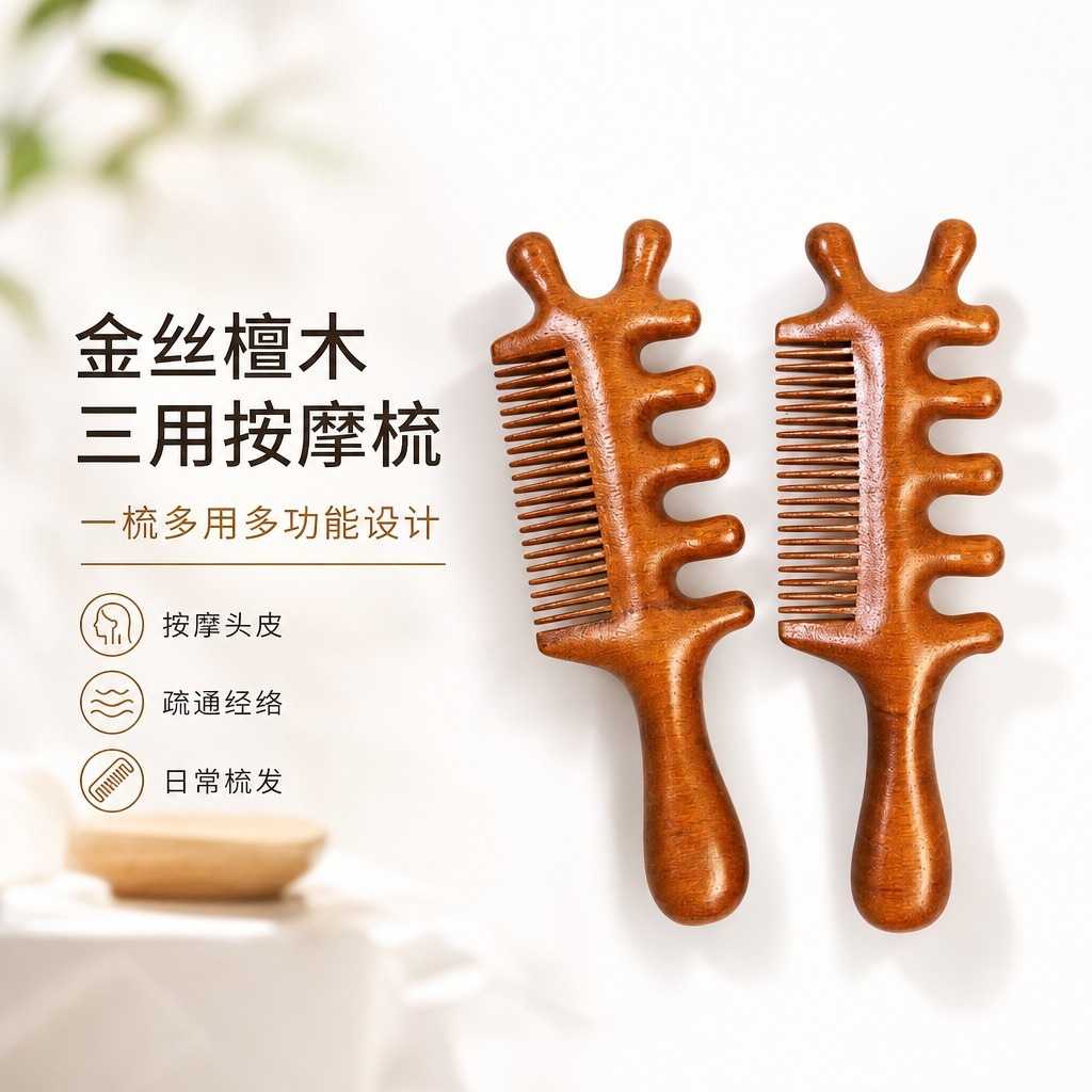 金丝檀木三用按摩梳五齿经络密齿
